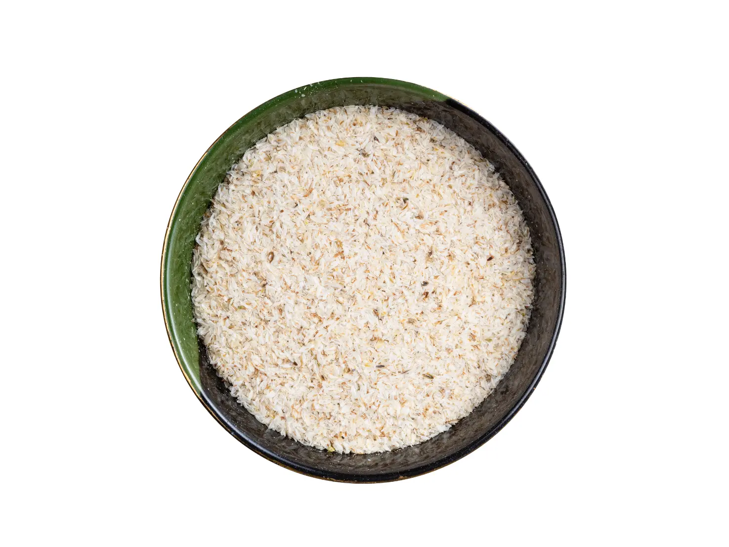 Top-down view of a wooden bowl displaying premium Indian psyllium seeds, pure flaky Isabgol husk, and fine psyllium powder from Vedafox Group